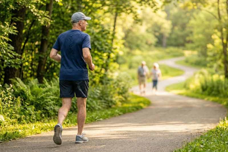 Elderly man jogging through a park
