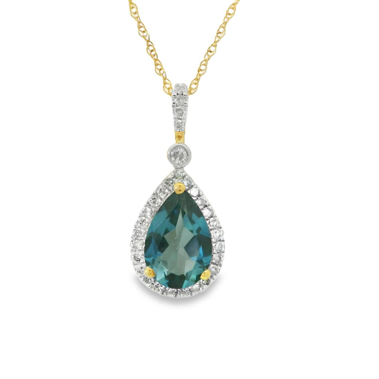 10kt Yellow Gold, Pear Shaped, London Blue Topaz Pendant with 29 Round Diamonds - .17 Carats