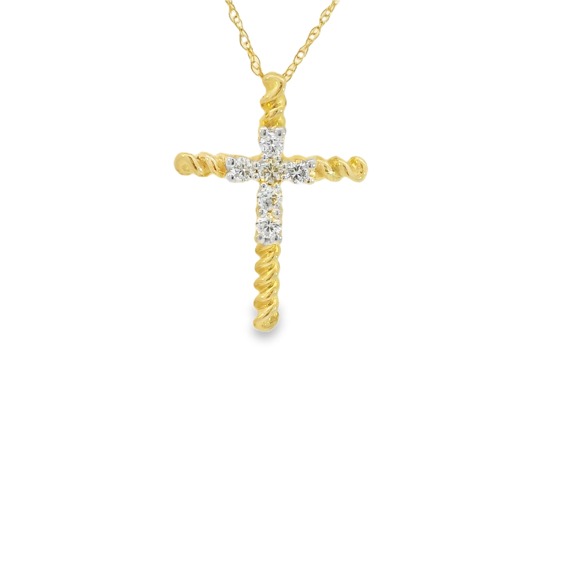 10kt Yellow Gold and Six Diamonds, Rope Style, Cross Necklace with Chain - .15 Carats