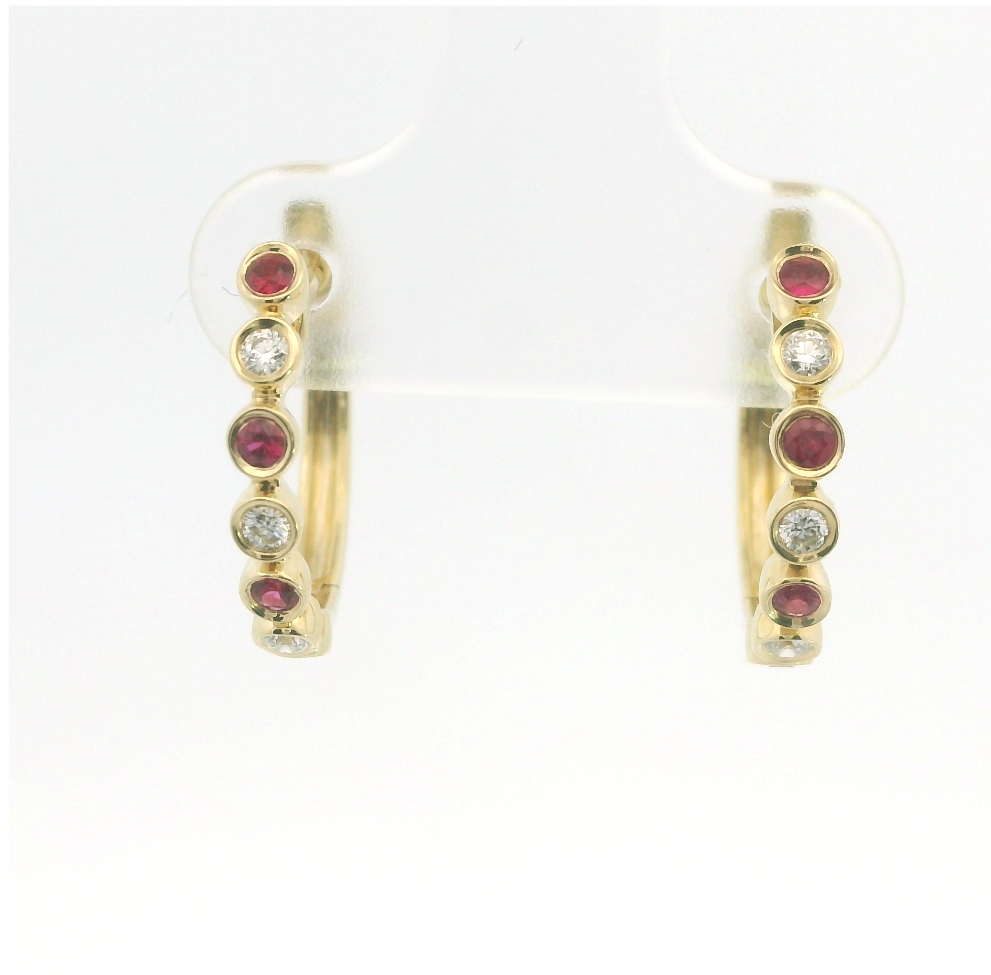 14kt Yellow Gold, Six Round Diamonds - .10 Carats and Eight Round Rubies - .20 Carats in Hoop Earrings. Total Gem Weight - .30 Carats