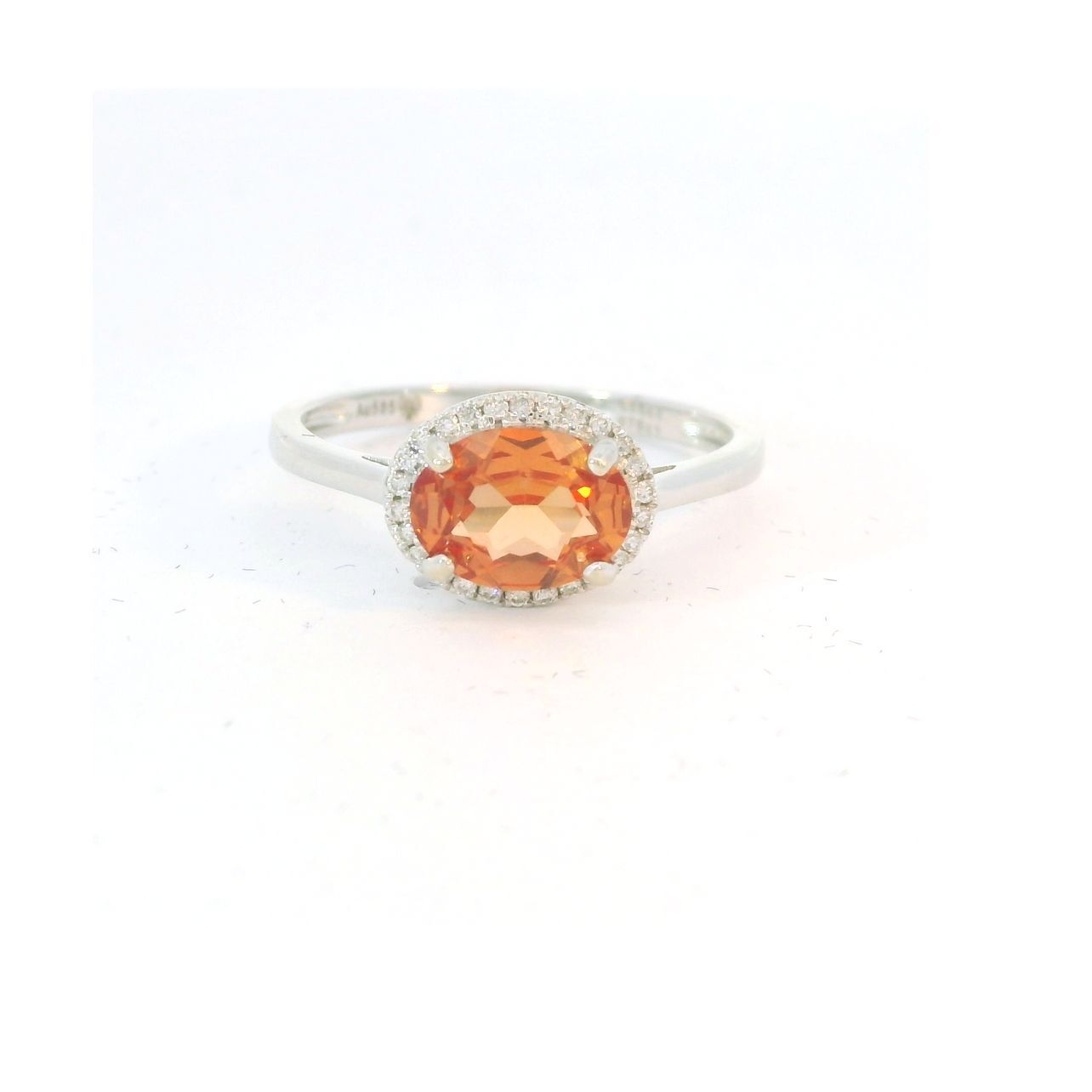 14kt White Gold, Lab Created Padparadscha Sapphire & Diamond Halo Style Fancy Ring 