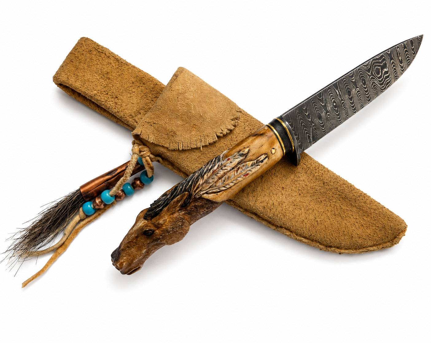 Custom - Hand Carved - Deer Antler Horse Head and Feathers Handle with 4.5 Damascus Blade