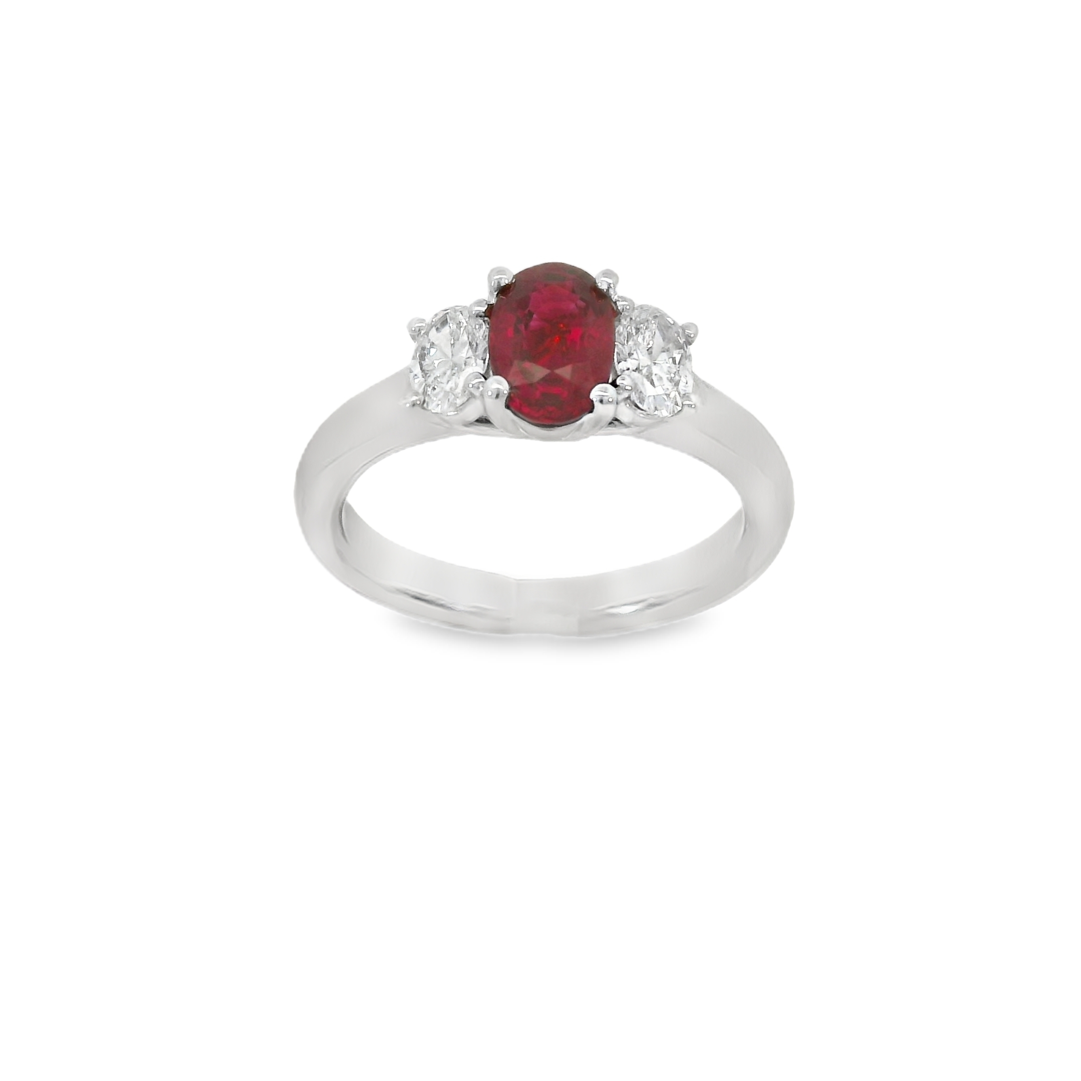 Ladies' Platinum Fancy Gemstone Ring with an Oval Center Ruby -  1.06 Carats and  and Two Oval Side Diamonds - .53 Carats. Total Gem Weight - 1.59 Carats
