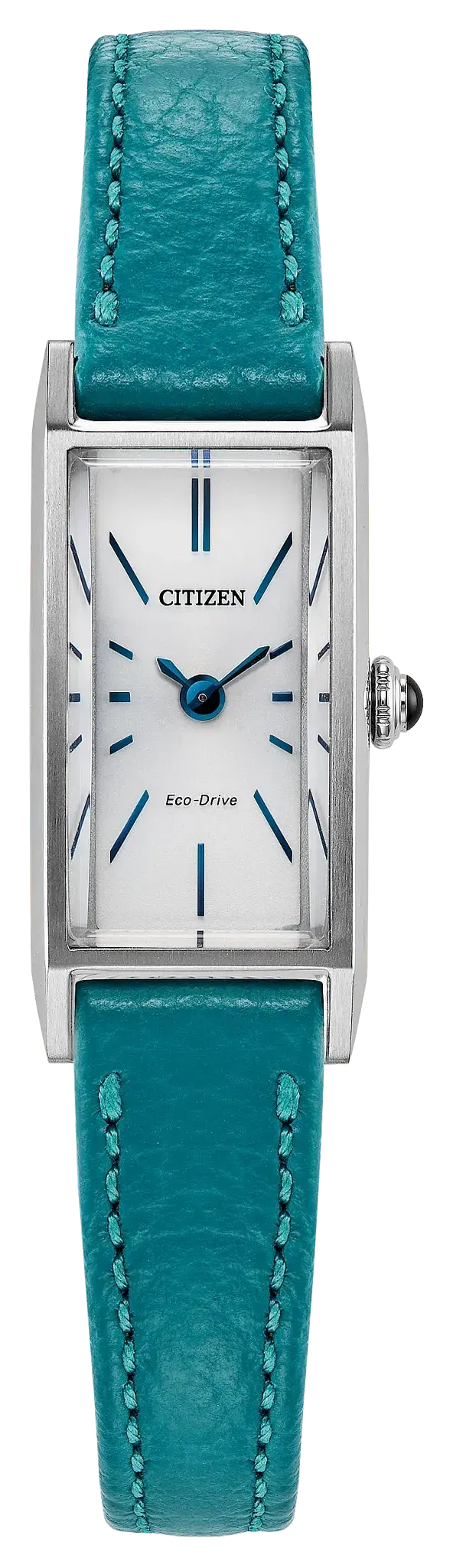 Women's Eco-Drive Fio watch with a Silver Sunray Dial and Aquamarine Strap. EG7120-00A