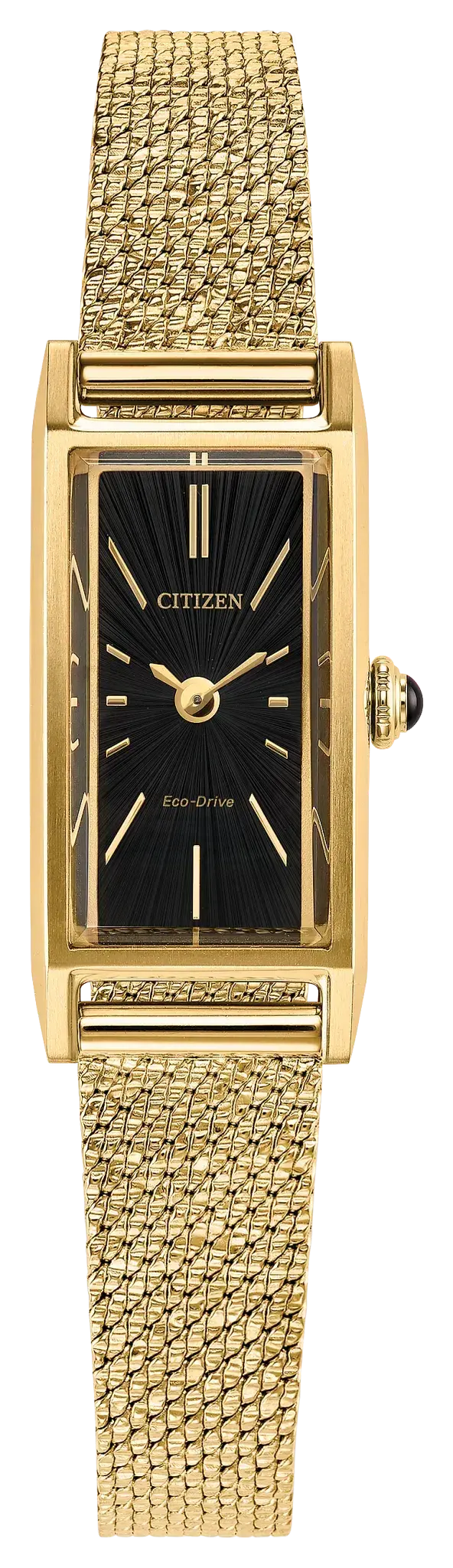 Women's Eco-Drive Yellow Tone Stainless Steel Fio watch with a Black Dial. EG7128-59E