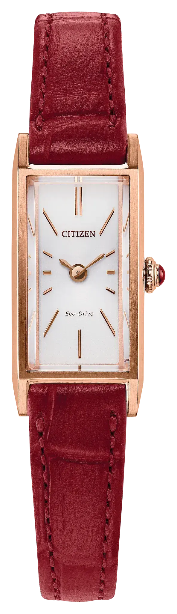 Women's Rose-Tone Eco-Drive Fio watch with a Silver Sunray Dial and Red Leather Strap. EG7123-01A