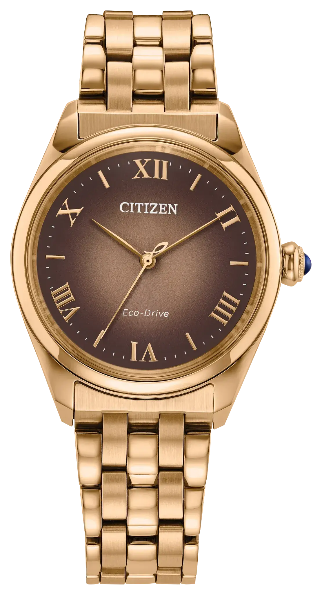 Women's Rose-Tone Stainless Steel Citizen L Classic Eco-Drive 3-hand watch with a Brown Dial. EM1143-81Z