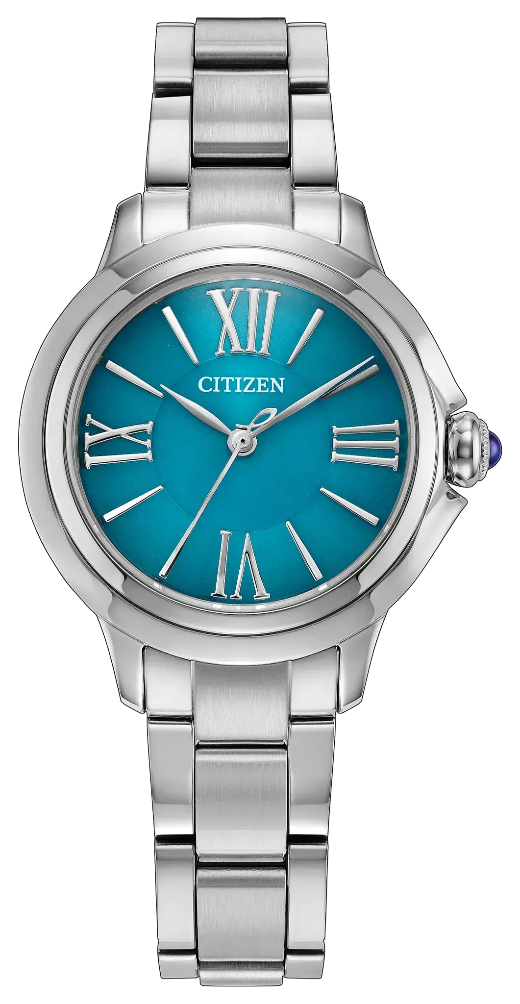 Women's Stainless Steel Eco-Drive watch with a Light Blue Dial and Roman Numerals.  EM1161-55L