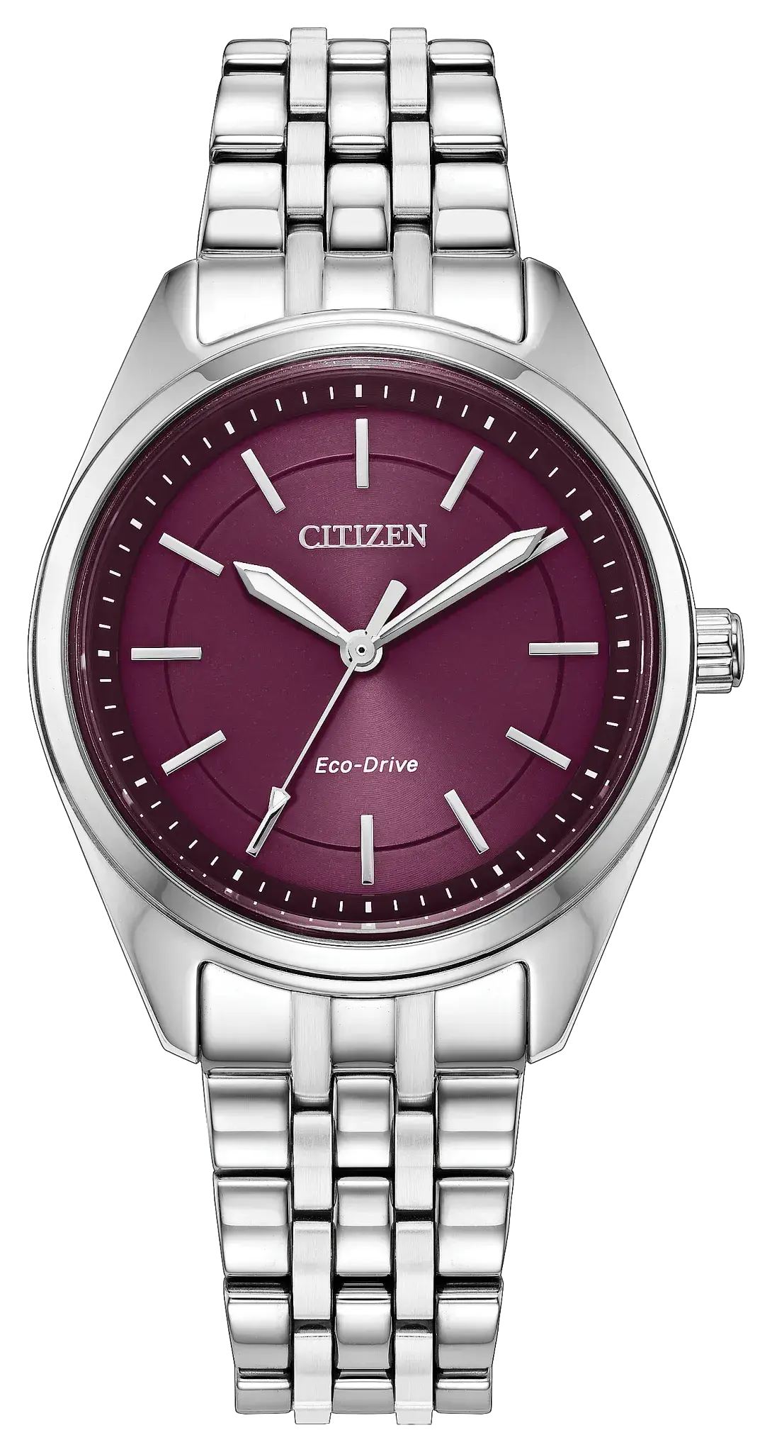 Women's Stainless Steel Peyten 3-hand Eco-Drive watch with a Purple Dial. EM1230-54X