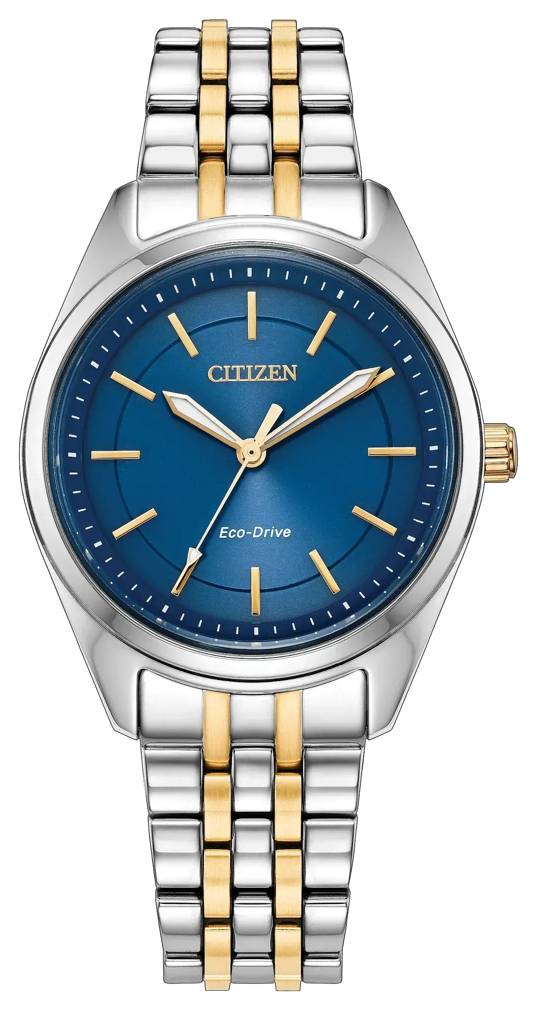 Women's Two-Tone Rose and Silver Stainless Steel Peyten 3-hand Eco-Drive watch with a Blue Dial. EM1234-53L