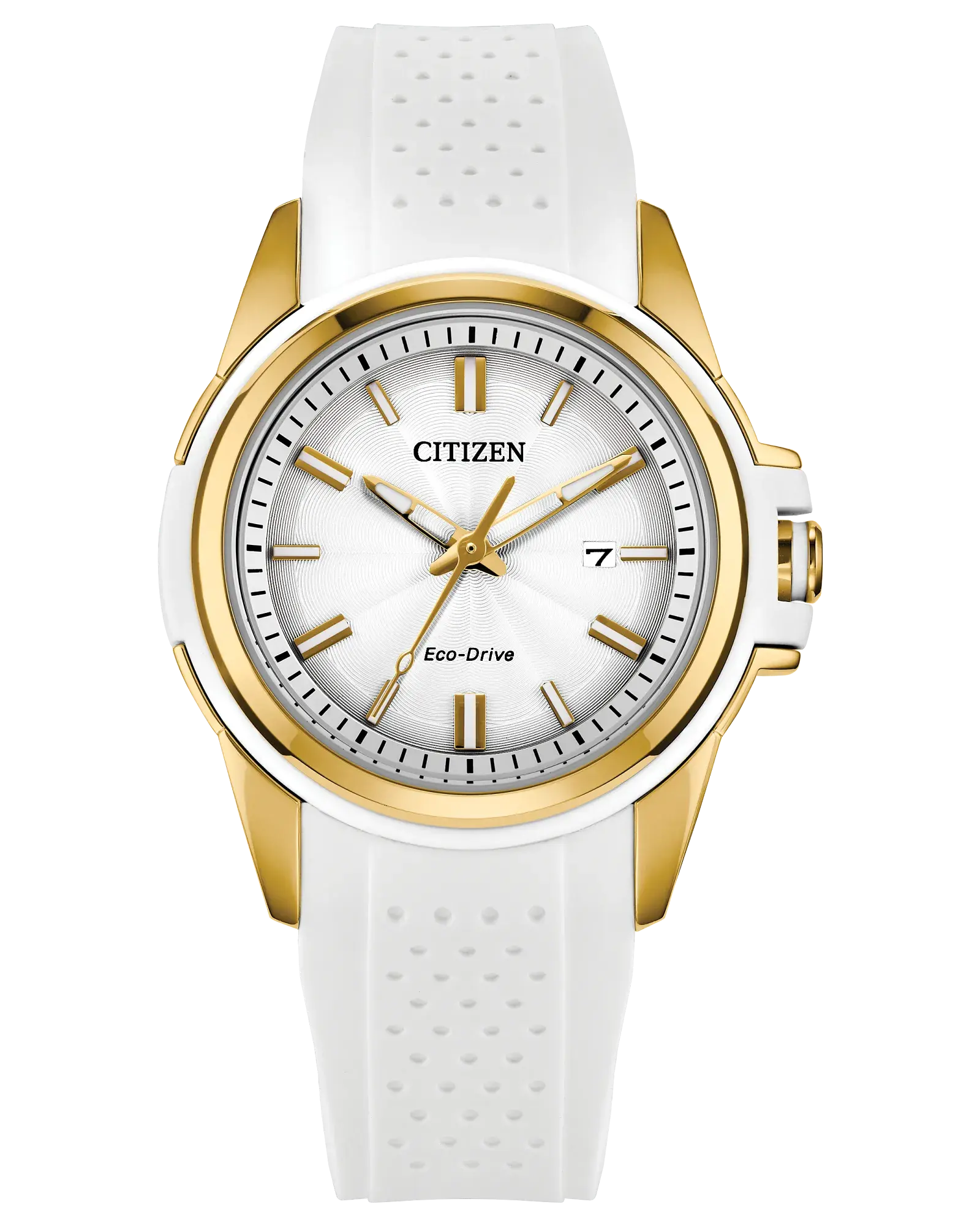 Women's Yellow Tone 33.4mm Eco-Drive Veya watch with a Silver Dial and a White Silicone Strap.  FE1262-03A
