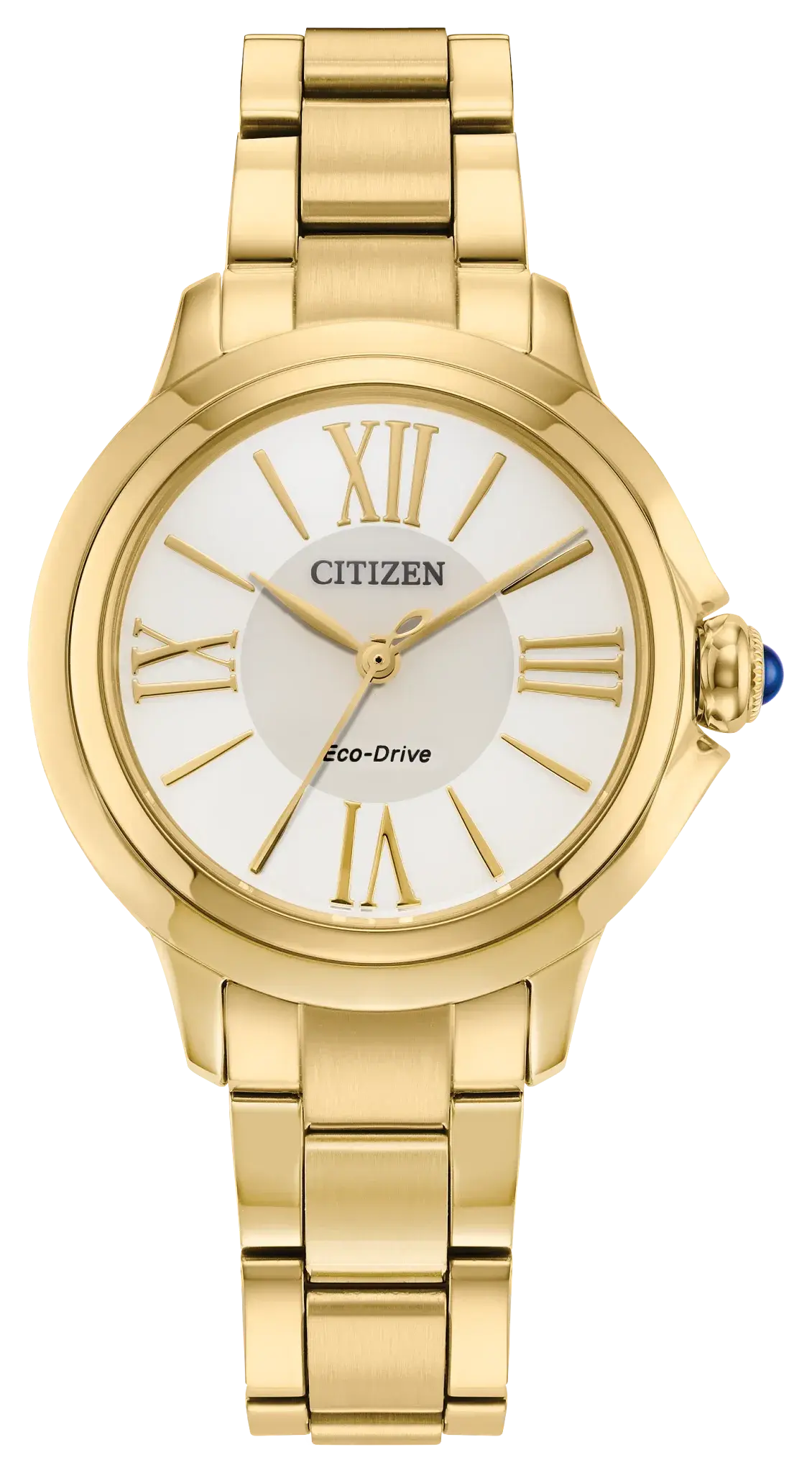 Women's Yellow-Tone Stainless Steel Eco-Drive watch with a White Dial and Roman Numerals.  EM1162-52A