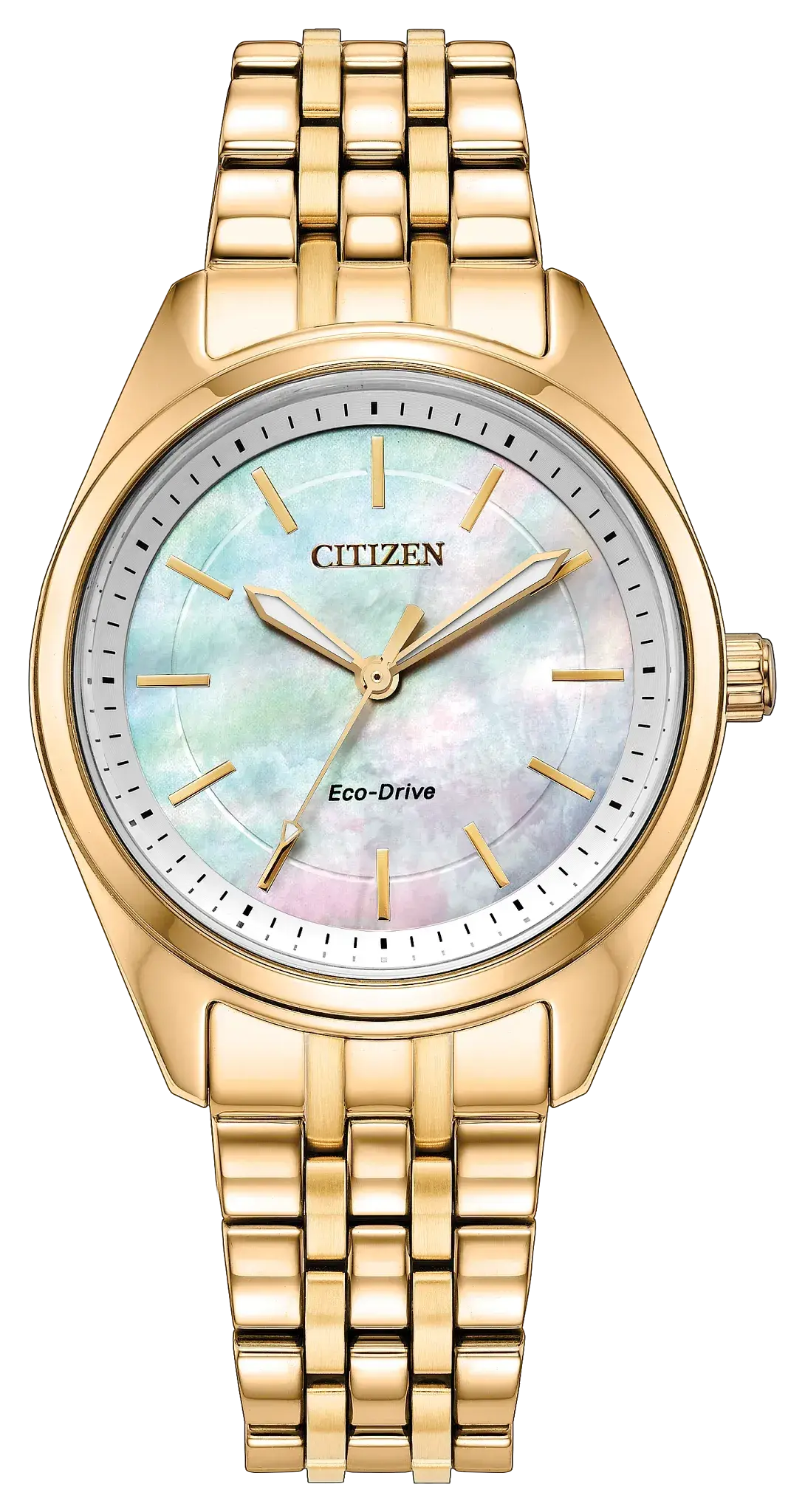 Women's Yellow-Tone Stainless Steel Peyten 3-hand Eco-Drive watch with a MOP Dial. EM1232-59D