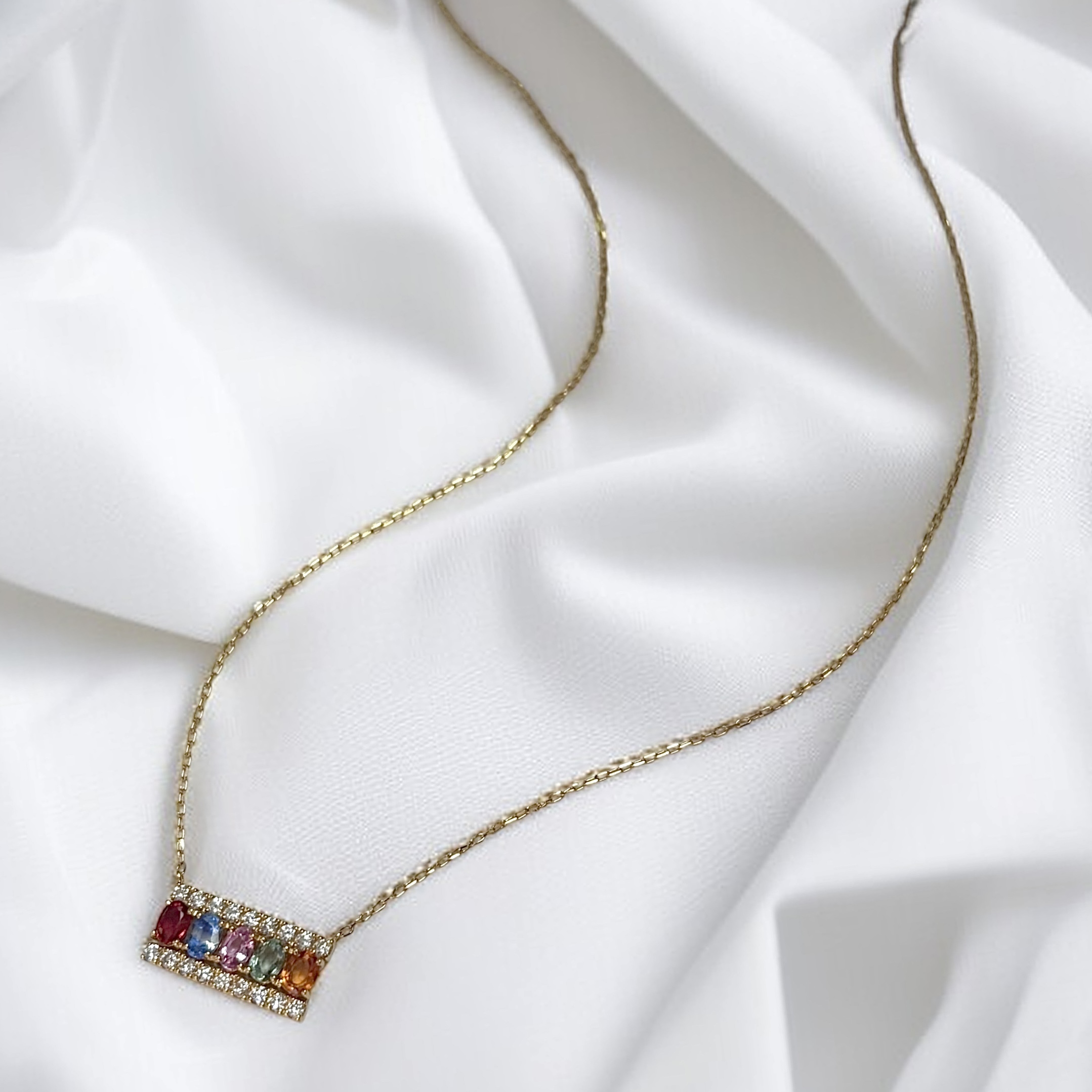 18KY 16” Multi-Colored Sapphire & 0.32 ctw Diamond Bar Necklace  