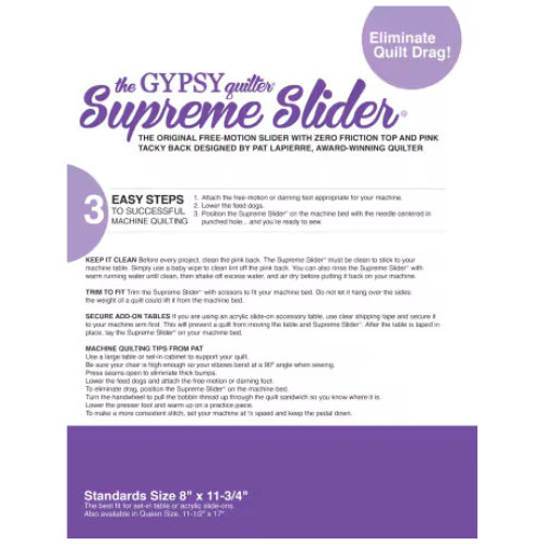 Supreme Slider 8in x 11-3/4in Free Motion Slider with Pink Tacky Back