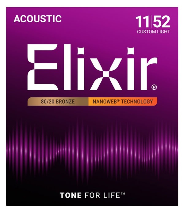 Elixir 11027 Nanoweb Coated 80/20 Bronze Custom Light Acoustic Guitar Strings 11-52