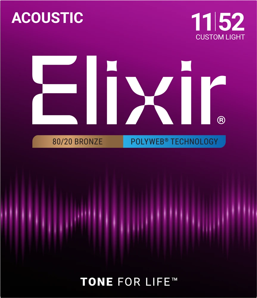 Elixir 11025 Polyweb Coated 80/20 Bronze Custom Light Acoustic Guitar Strings 11-52