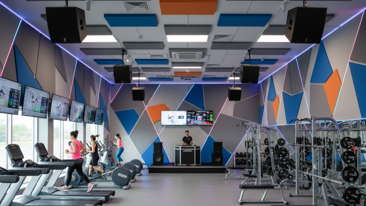 Professional sound system and acoustic treatment in fitness center