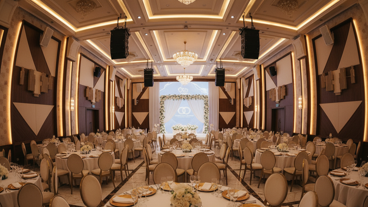 Professional sound system and acoustic treatment in event venue and hall