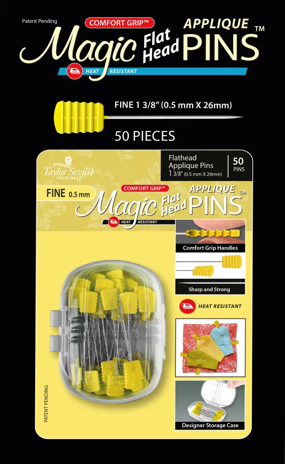 Magic Pins Flathead Applique Pins 0.5mm x 26mm (1) Package of 50 YELLOW