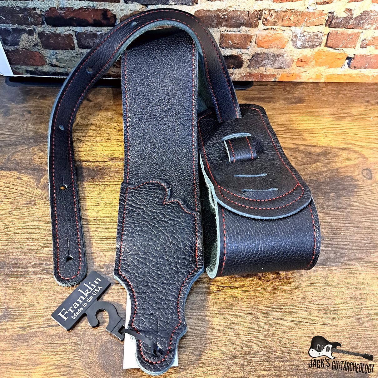 Franklin Strap 3 - Original Black Glove Leather Guitar/Bass Strap with Red Stitching