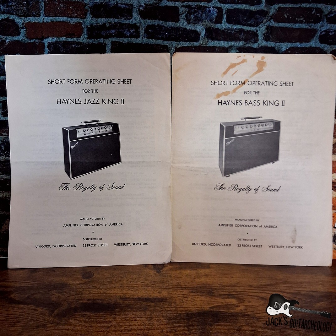Haynes Amp Ephemera - Jazz King II & Bass King II Operating Sheets (1960s)