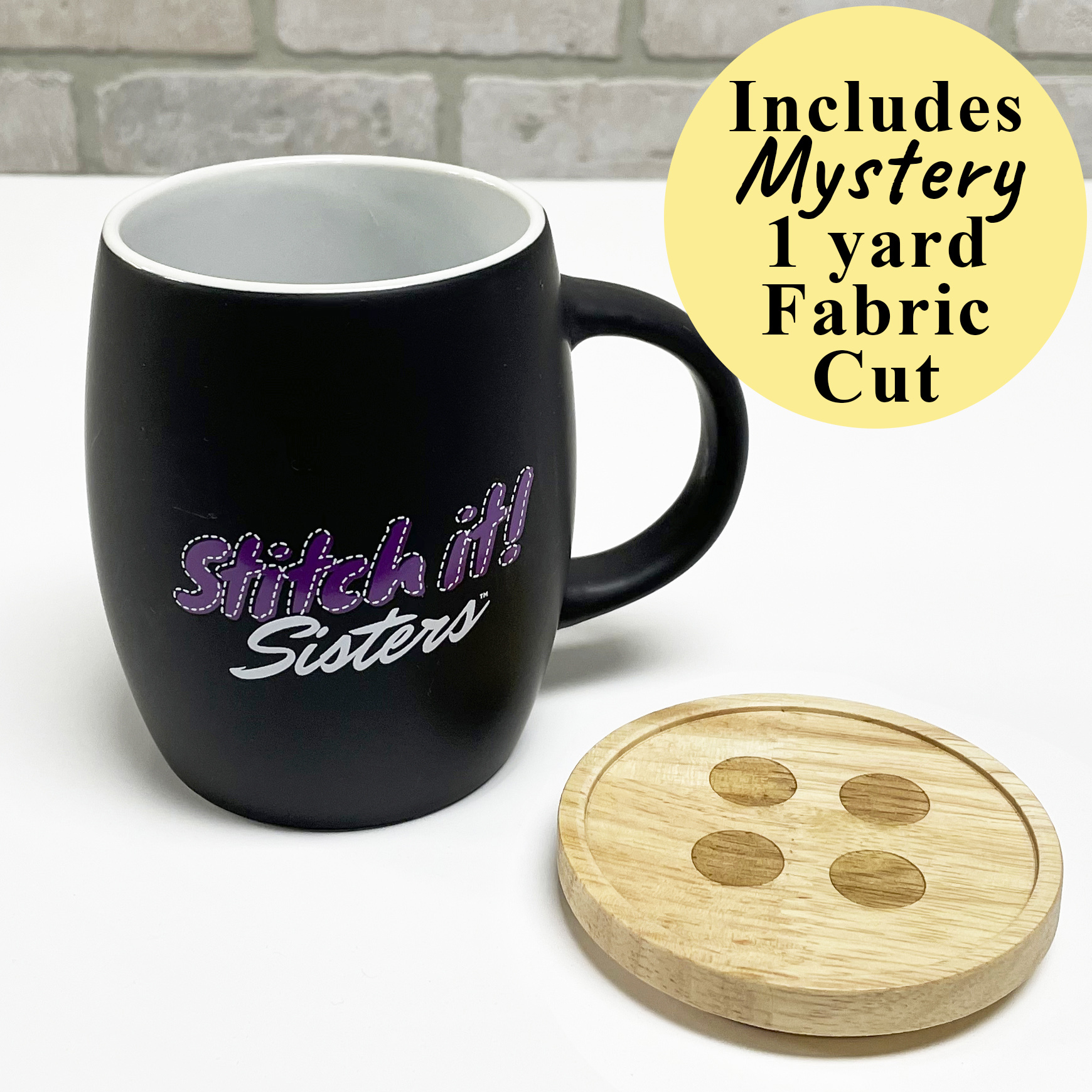 Stitch it! Sisters Hearth Ceramic Mug with Lid - Purple Includes Mystery 1 yd. Fabric Cut