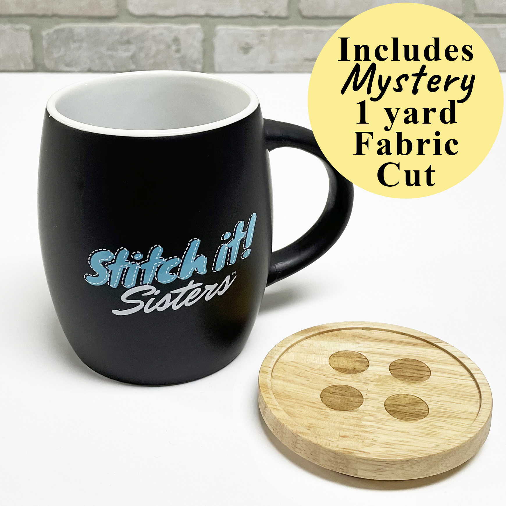 Stitch it! Sisters Hearth Ceramic Mug with Lid - Teal Includes Mystery 1 yd. Fabric Cut