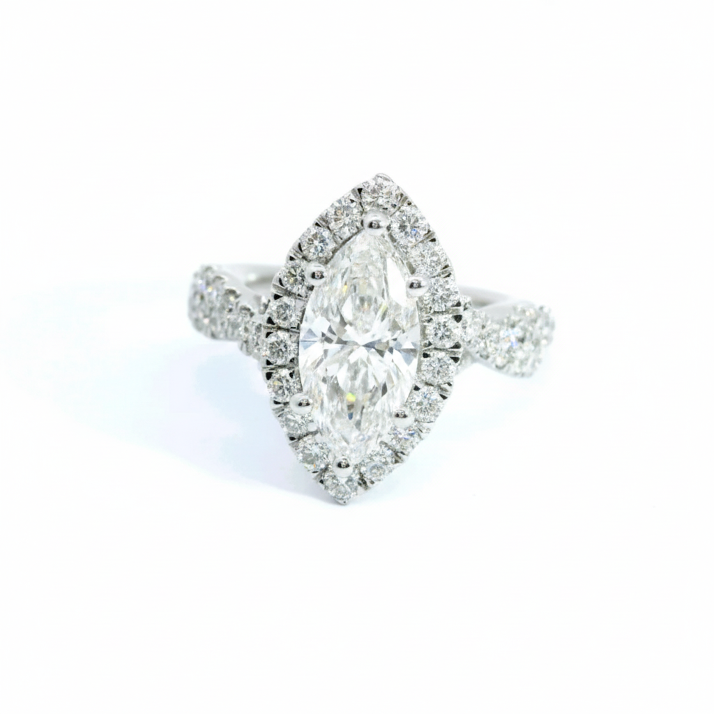 14KW 1.50CTW LG CTR MARQ W/HALO & TWISTED BAND 46x0.75CTTW LG DIA ENG RING