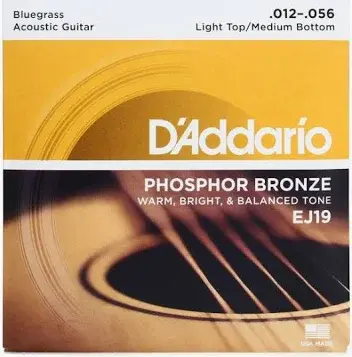 D'Addario EJ19 Phosphor Bronze Acoustic Guitar Strings, Light Top/Medium Bottom, Bluegrass, 12-56