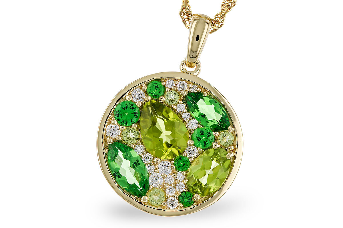 14K Yellow Gold Circle design pendant with Tsavorite Garnet, Peridot and Diamond accents on 14K Yellow Gold fine display chain