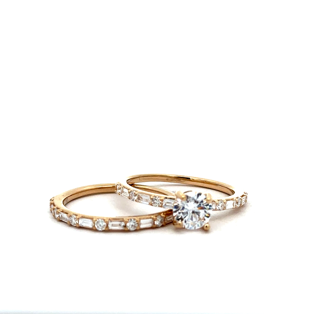 14K Yellow Gold Diamond Semi mount with matching band, .58ctw Baguette and Round Diamonds with color of G-H, Clarity of VS1, contact store for center stone otions