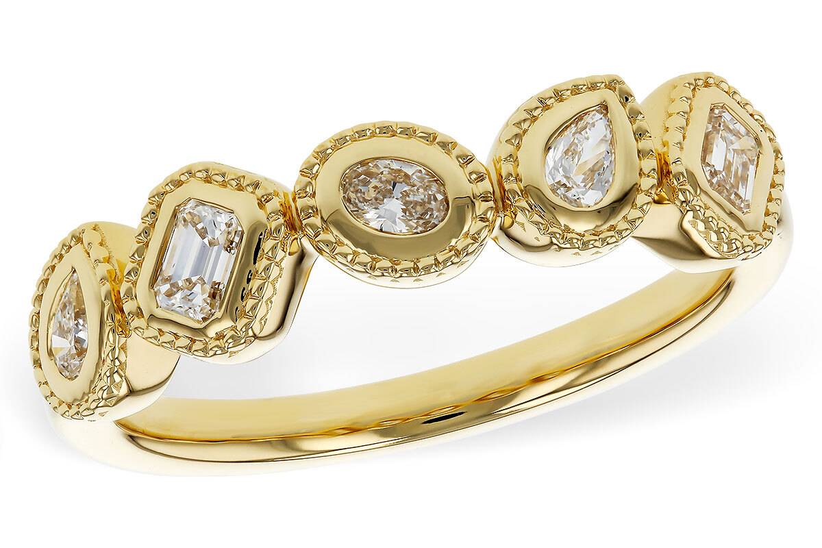 14K Yellow Gold Diamond ring, .34ctw Oval, Pear, Emerald cut Diamonds, Bezel set with Milgrain 