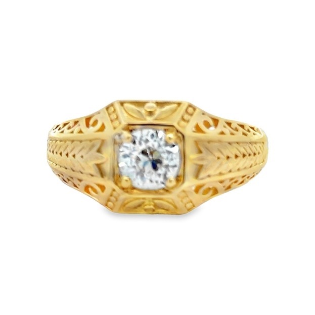 14K Yellow Gold Engraved Ring with .83ct Round Old Euro Brilliant Cut Diamond, I, SI1 GIA # 2235606090