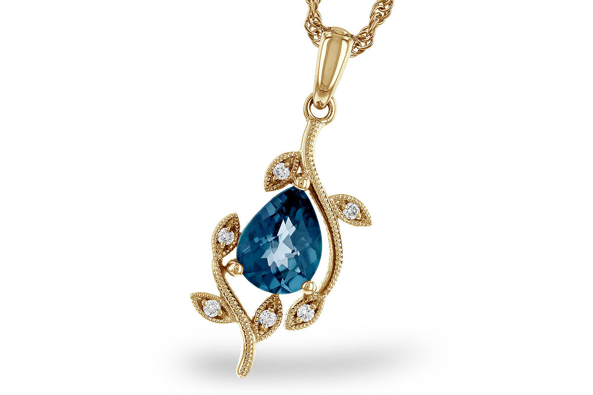 14K Yellow Gold Organic-Vine Pendant design with 1.20ct Pear Shaped London Blue Topaz with .05ctw Diamond accents