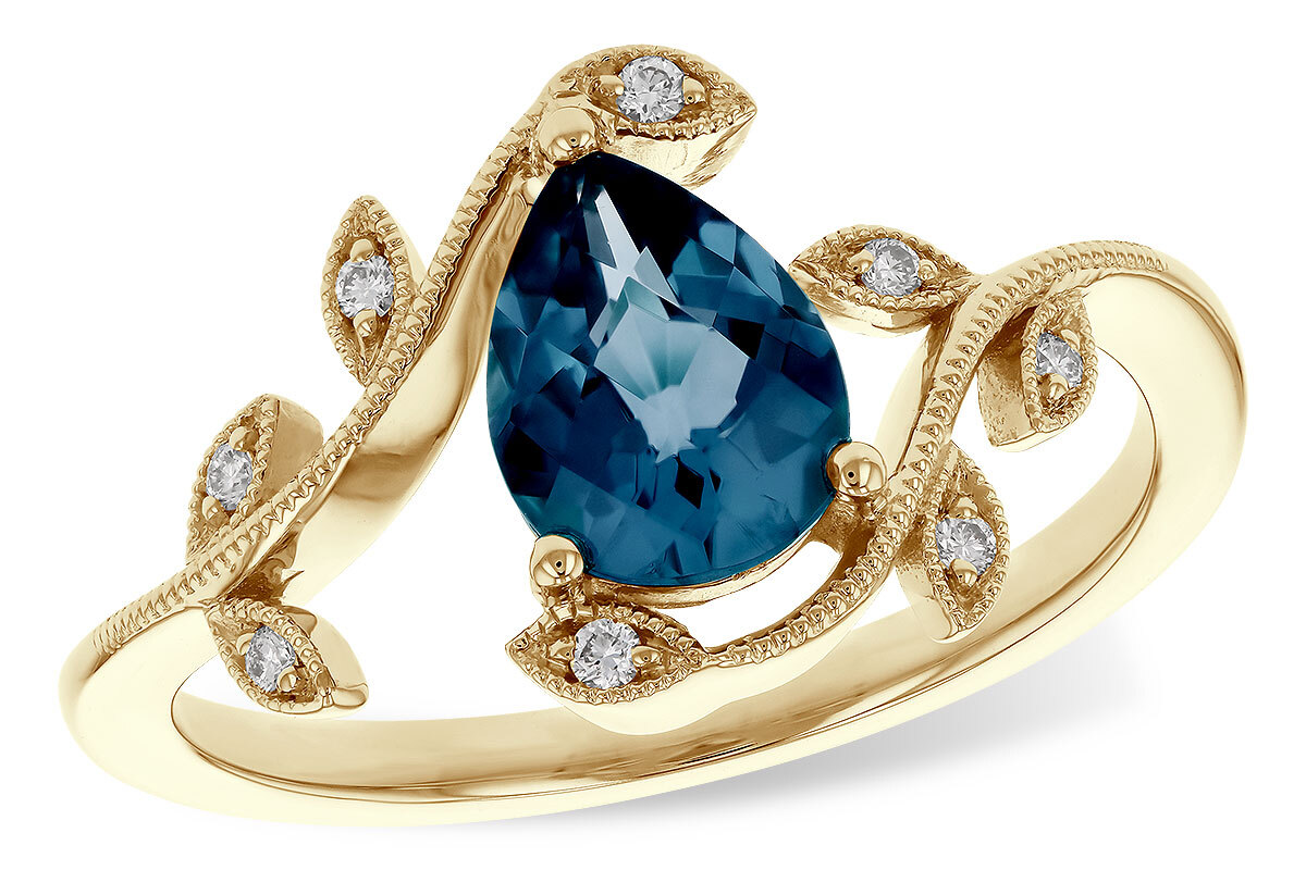 14K Yellow Gold Organic - Vine ring with 1.20ct Pear shaped London Blue Topaz, .06ctw Diamond accents