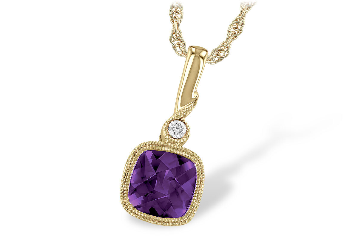 14K Yellow Gold pendant, .84ct Cushion cut Amethyst with .02ct Diamond accent, Bezel set with milgrain  edging 