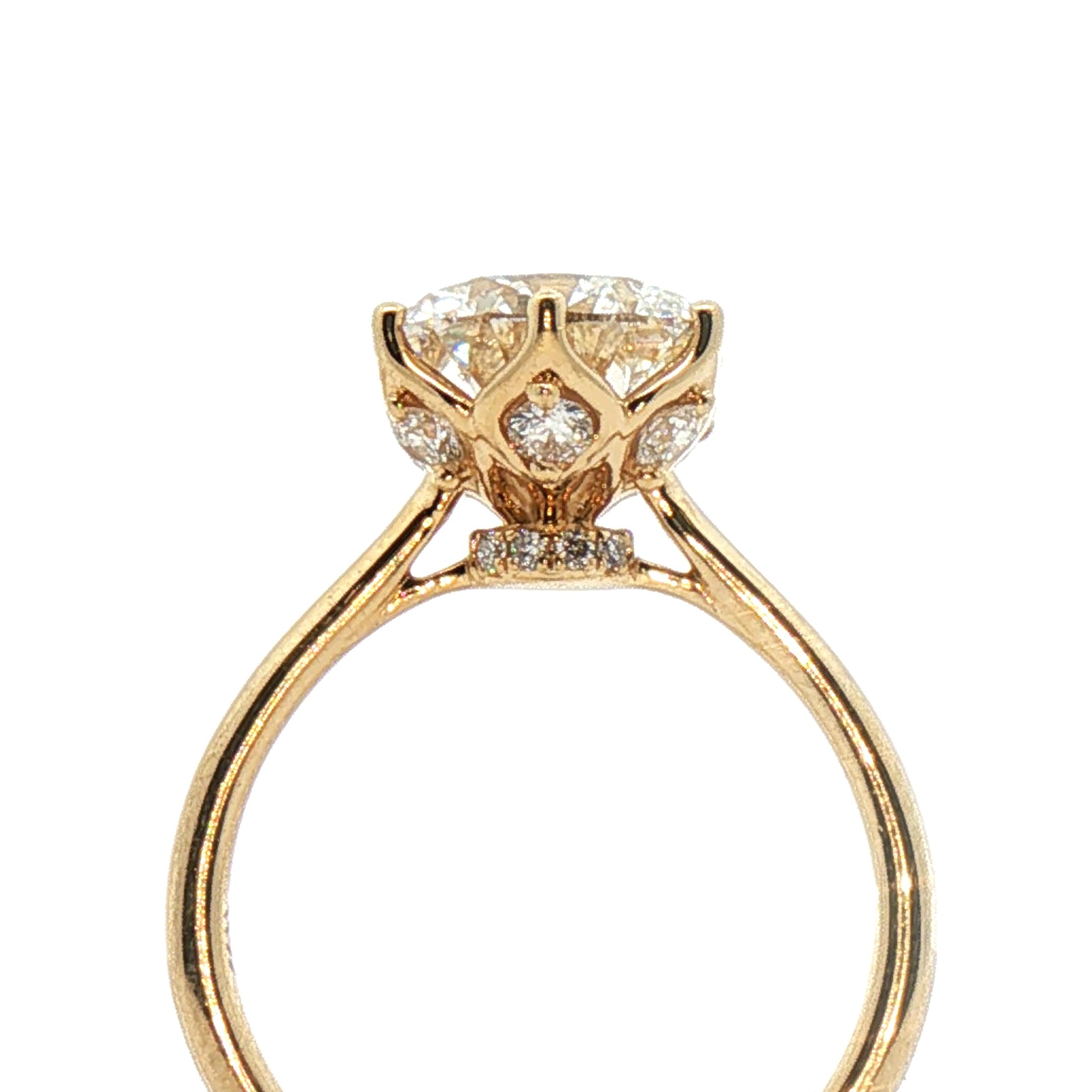 3.35ctw Round Lab Grown diamond Solitaire ring,  3.01ct F, VS1 Round Brilliant cut center with .34ctw accents in the head/gallery fourteen karat yellow gold  Cert 72815310107