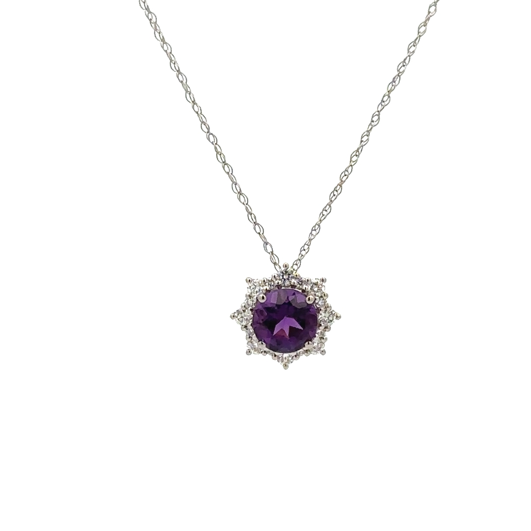 Amethyst Diamond Pendant, .73ct Round Amethyst set in 14K White Gold with .20ctw Diamond Halo, sets on 14K White Gold fine display chain