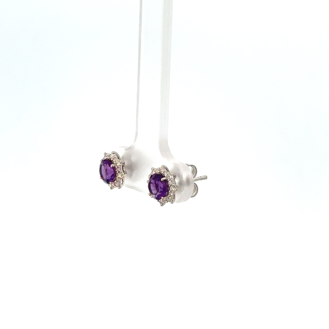 Amethyst Diamond Studs, .81ctw Round Amethyst set in 14K White Gold with .15ctw Diamond Halo