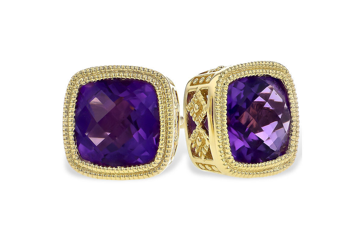 Amethyst Earrings,  1.70ctw Amethyst Cushion cut set in 14K Yellow Gold Bezel mounts with Milgrain edging 