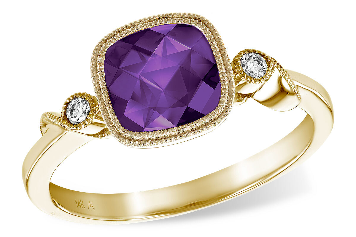 Amethyst Ring, 1.18ct Cushion cut Amethyst Bezel set in 14k Yellow gold with .05ctw Diamond accents, milgrain  edging around