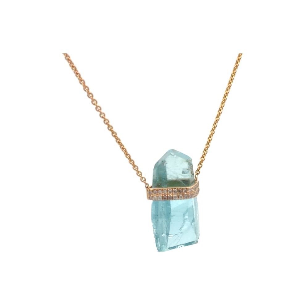 Aquamarine Pendant, 14K Yellow Gold, Rough cut Aquamarine with .10ctw Diamond accents, Cable chain
