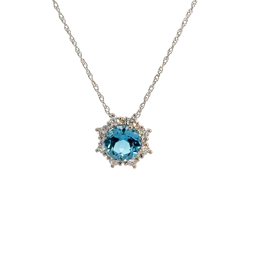 Blue Topaz Diamond Pendant, 14K White Gold with 1.02ct Round Blue Topaz with .20ctw Diamond Halo accents on 14K White Gold fine display chain