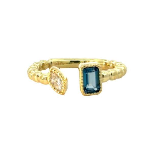 Blue Topaz Diamond Ring, 14K Green Gold Emerald cut London Blue Topaz with .15ct Marquise Diamond open middle design ring.