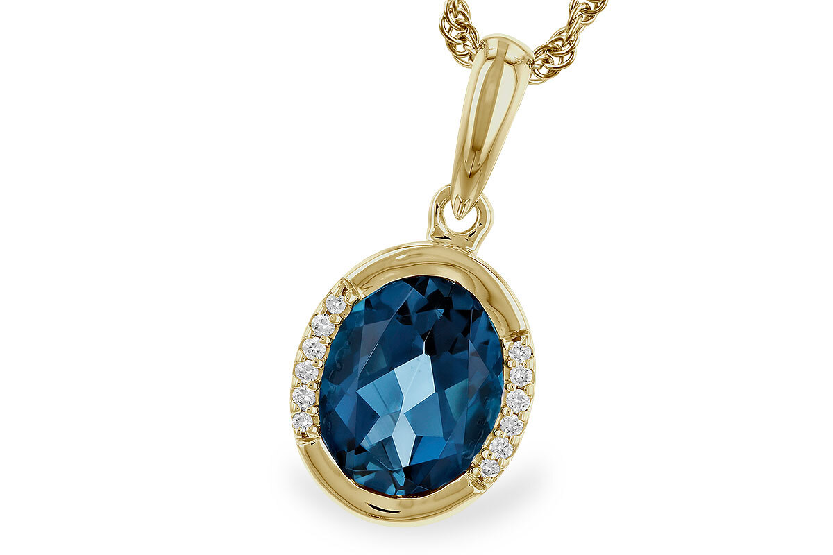 Blue Topaz Pendant, 1.90ct Oval London Blue Topaz Bezel set in 14k Yellow Gold with .03ctw Diamond accents 