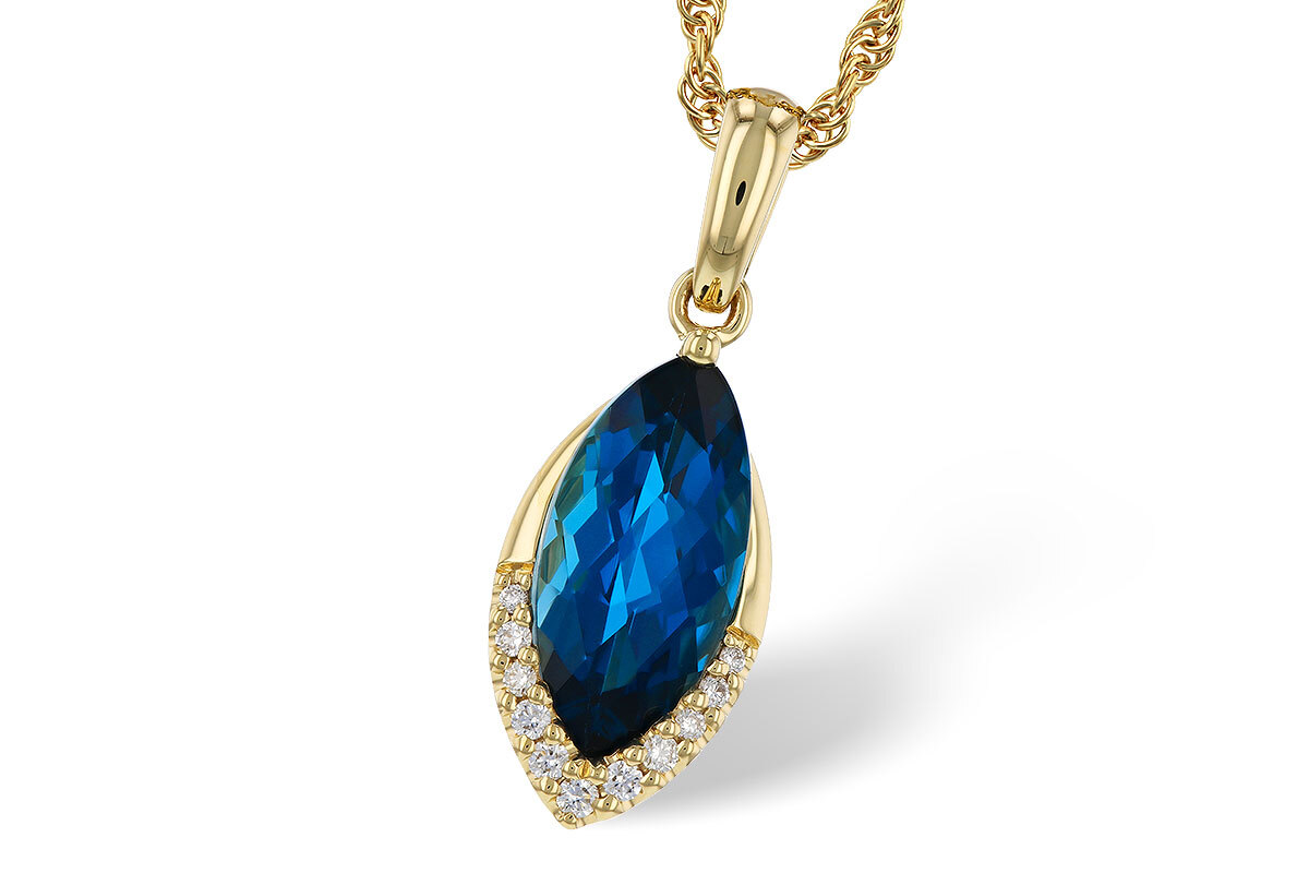 Blue Topaz Pendant, 2.14ct Marquise cut London Blue Topaz set in 14K Yellow Gold with .06ctw Diamond accents 