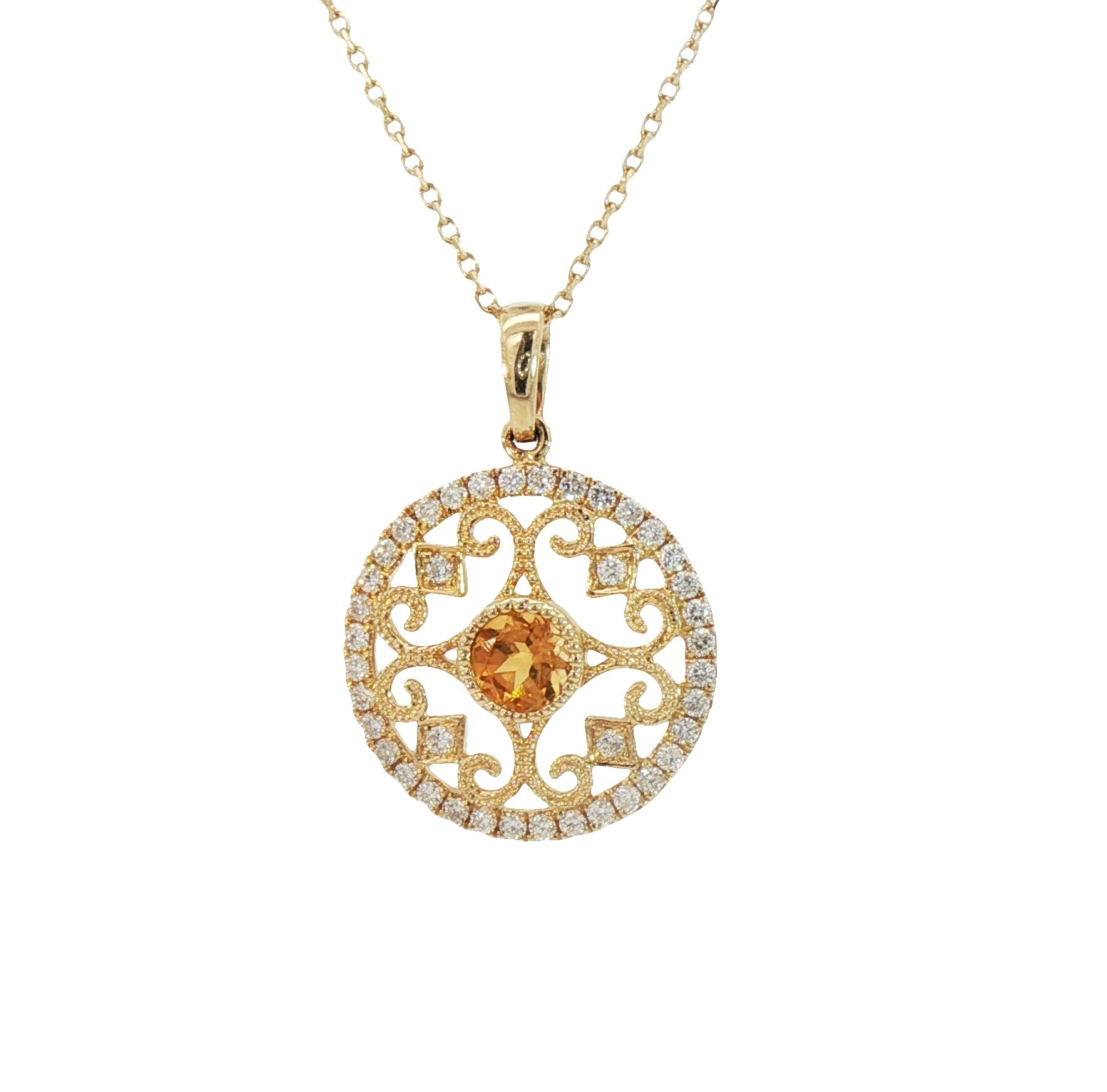 Citrine Diamond Pendant, 18mm Antique look with round Citrine and .47ctw Diamond accents around 