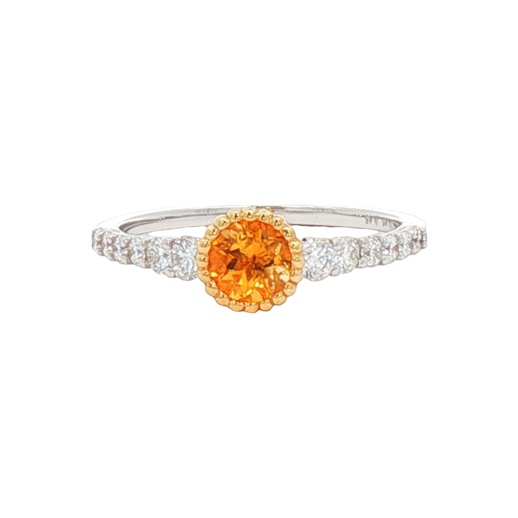 Citrine Ring, 5mm round Citrine set in a 14K Yellow multi prong basket with .46ctw Diamonds set down the sides in 14K white gold