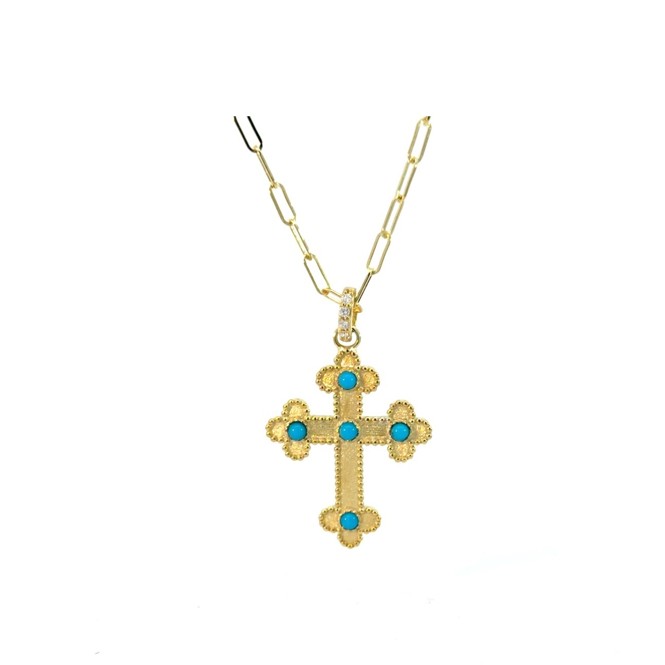 Cross Pendant, 14K Green Gold Cross with .25ctw Turquoise and .02ctw Diamond Bail, 18 2mm Paperclip chian